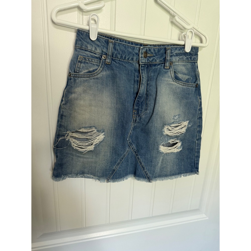 I Am Denim Mini Skirt Womens XS Blue Distressed Raw Hem Made in Italy